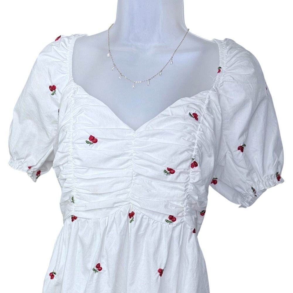 Cider White Puff Sleeve Cherry Embroidered‎ Dress - Size M